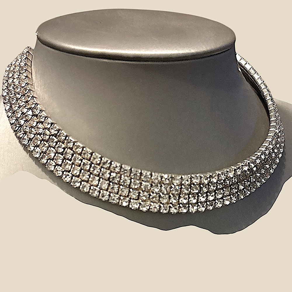 Elegant Four Row Rhinestone Flex Choker Necklace